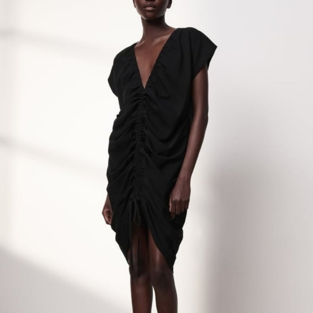 Zara Women's Black Ruched Gather Front Dress Small